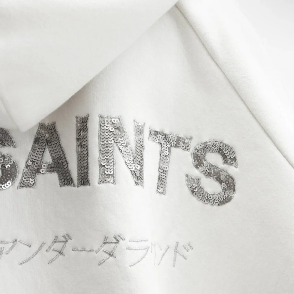 AllSaints Talon Underground Sequin Oversized White Hoodie - Picture 7 of 8